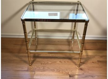Nice Looking Brass Faux Bamboo Side Table / End Table - Glass Top & Lower Shelf - Very Nice !