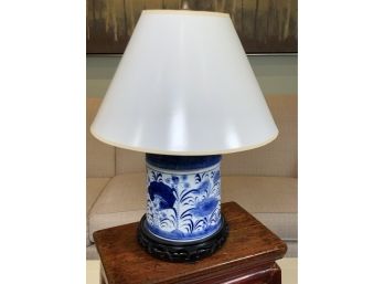 Beautiful Antique Blue & White Porcelain Lidded Jar - Converted To Lamp - Nice Carved Wood Base