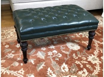 Beautiful Dark Green Button Tufted Leather Ottoman With Brass Nail Heads - Fantastic Condition - Like New
