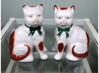 Charming Pair Antique Style Staffordshire Cats With Green Bows - Crackle Glaze Finish - GREAT PAIR !