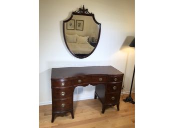 Very Nice 1930s - 1940s Mahogany Vanity / Desk With Very Nice Shield Mirror With Urn Finial - VERY NICE SET !
