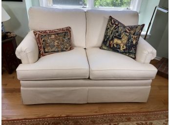 Great ETHAN ALLEN Loveseat - Classic Lines & Design Reupholstered Two Years Ago PLUS Bonus Decorator Pillows