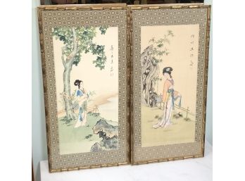 Two Fabulous Hand Painted / Signed Vintage Japanese Paintings On Silk - In Fantastic Gilt Faux Bamboo Frames