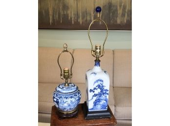 Two Wonderful Blue & White Porcelain China Pieces Mounted As Lamps - Both With Shades GREAT LAMPS !