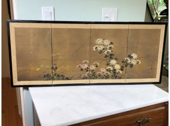 Beautiful Antique / Vintage Japanese Table Screen - All Hand Pained & Signed - Mounted As Wall Decoration