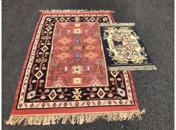 Two Very Nice Rugs For ONE BID - Rose / Black / Blue  Cream - Both In Great Condition - NICE RUGS !
