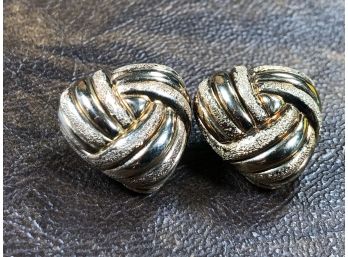 Lovely Pair Of Knot Form Sterling Silver Earrings With 14kt Gold Overlay - Very Pretty Pair