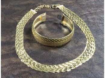 Fabulous Italian STERLING SILVER Pieces With 14kt Gold Overlay - Braided Necklace & Diamond Pattern Bracelet