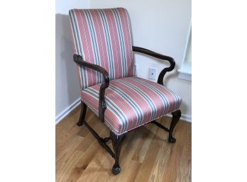 Lovely Queen Anne Style Mahogany Armchair With Very Nice Striped Material - VERY Clean & VERY High Quality