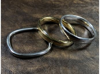Three Wonderful Sterling Silver Bangle Bracelets - One Has 14kt Gold Overlay - BEAUTIFUL LOT !