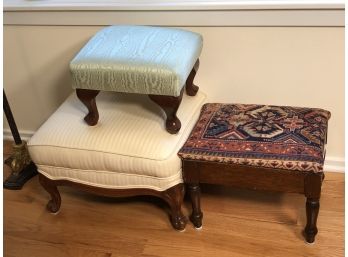 Group Lot Of Three Foot Stools / Benches - All Vintage Pieces - One Has GREAT Antique Carpet Top