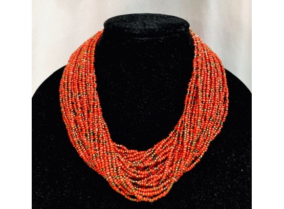 Sensational Multi-Strand Brick Red And Gold Seed Bead Necklace
