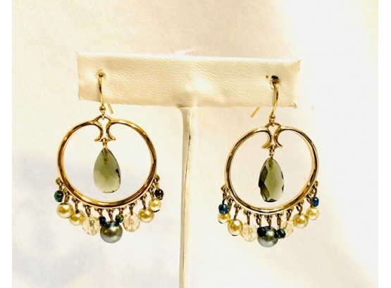 Goldtone And Smoked Faceted Bead Earrings With Faux Pearl Accents