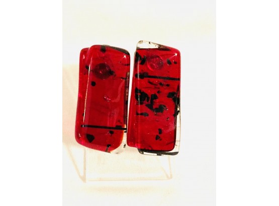 Pair Of Unique Red Glass Rectangle Earrings