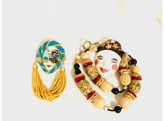 Two Ceramic/Porcelain Mask Style Jewelry