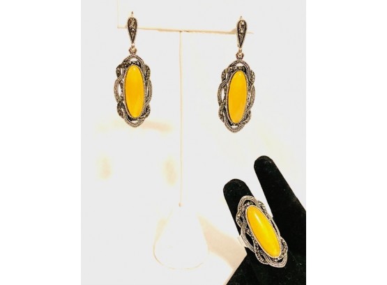 Sterling Silver And Yellow Cabochon Earring And Ring Set