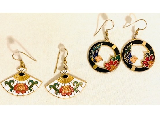 Two Pairs Of Asian Inspired Cloisonn Earrings