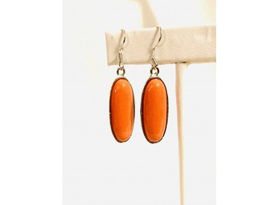 Retro Pierced Earrings With Oblong Orange Cabochon Stone