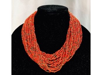 Sensational Multi-Strand Brick Red And Gold Seed Bead Necklace