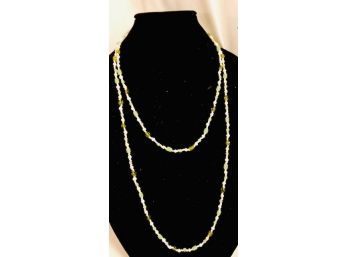 Dainty Single Strand Opera Length White With Green Glass Bead Necklace