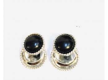 Vintage Sarah Cov Silvertone Earrings With Dark Purplish Blue Stone