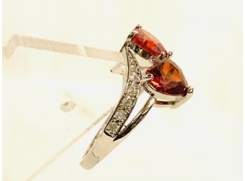 Two Hearts - Sterling Silver And Synthetic Garnet Gemstone Ladies Ring - Size 6