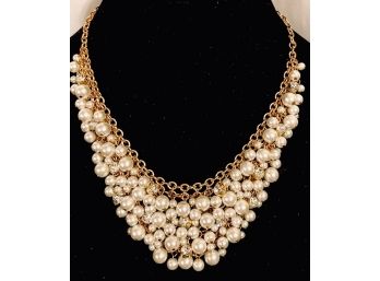 Vintage Goldtone And Faux Pearl Bib Necklace