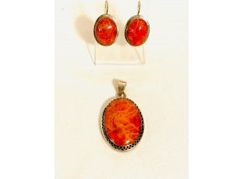 Sterling Silver 925 Cabochon Earrings And Pendant Set