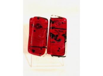 Pair Of Unique Red Glass Rectangle Earrings