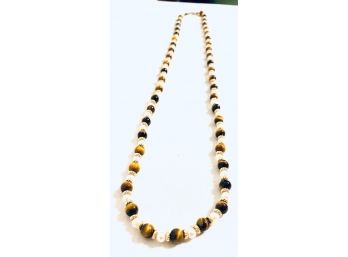 Tiger's Eye And Faux Pearl Single Strand Necklace