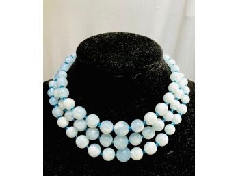 Swirled Milky Pale Blue Acrylic Triple Strand Necklace.