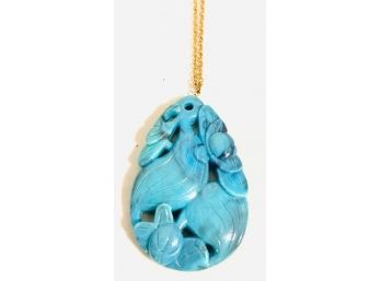 Large Turquoise Tone Carved Pendant Necklace