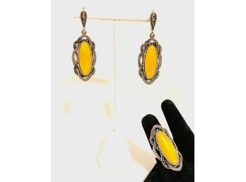 Sterling Silver And Yellow Cabochon Earring And Ring Set