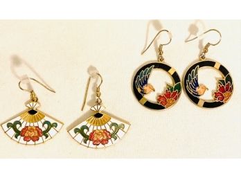 Two Pairs Of Asian Inspired Cloisonn Earrings