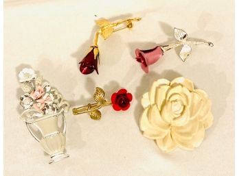 Collection Of Five Floral/Rose Themed Brooches