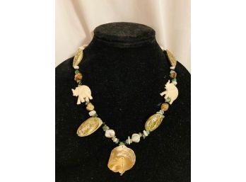 Unique Carved Elephant Bead And Shell Necklace