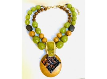 Chico's Chunky Two Strand Green And Wood Bead Pendant Necklace