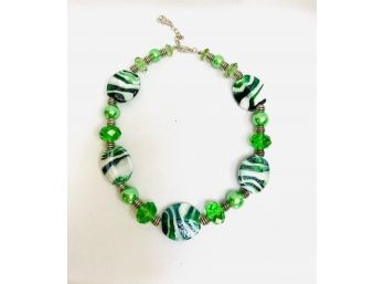 Vibrant Green And White Murano Style Glass Bead Necklace