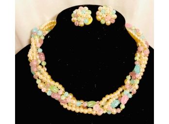 Multi-Strand Braided Faux Pearl And Pastel Bead Necklace With Matening Clip Earrings