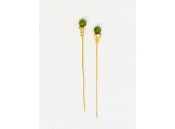 Pair Of Vintage Stick Pins With Serpentine Stone Top