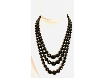 Vintage Faceted Black Glass Bead Graduated Triple Strand Necklace