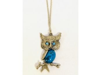 Vintage Owl Pendant Necklace With Turquiose Stone