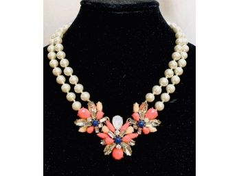 Beautiful Two-Strand Faux Pearl And Rhinestone Statement Necklace By J. Crew