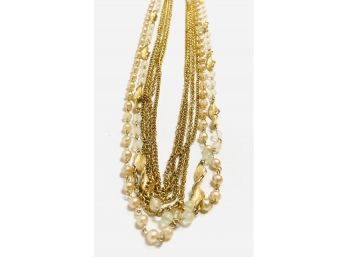 Elegant Multi-Strand Goldtone And Faux Pearl Bib Style Necklace