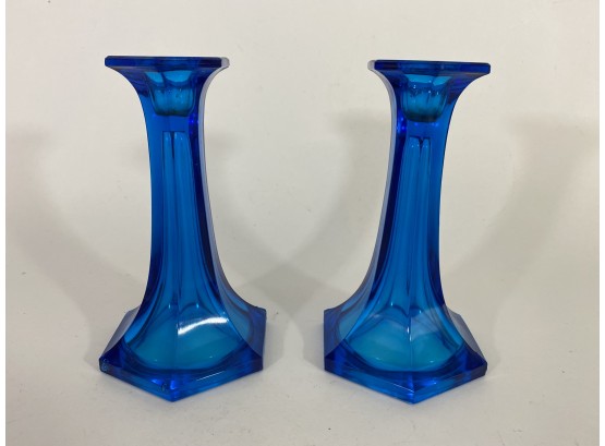 Vintage Pair Of Beautiful Blue Glass Candle Holders
