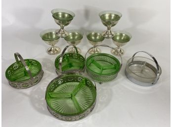 Group Of Vintage Depression Glass Divided Dishes With Handled Carrier & Green Glass And Chrome Sorbet Cups