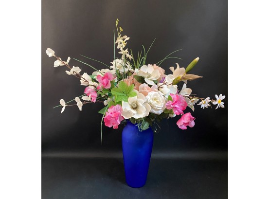 Beautiful Faux Floral Bouquet In Frosted Cobalt Vase