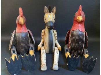Whimsical Wooden Folk Art Roosters & A Donkey