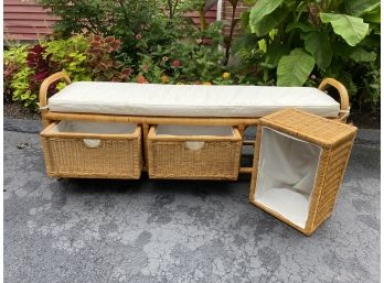 Natural Wicker Bench With Baskets & Cushion