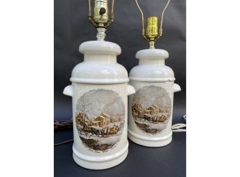 A Lovely Pair Of Currier & Ives Ceramic Milk Jug Lamps
